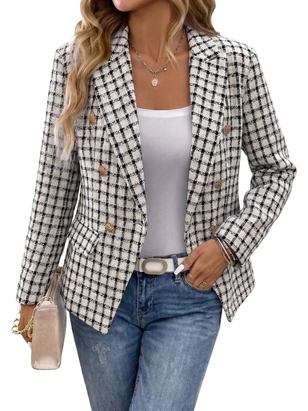 Chic Women's Tweed Blazer Jacket - Plaid Design for Business Casual Style
